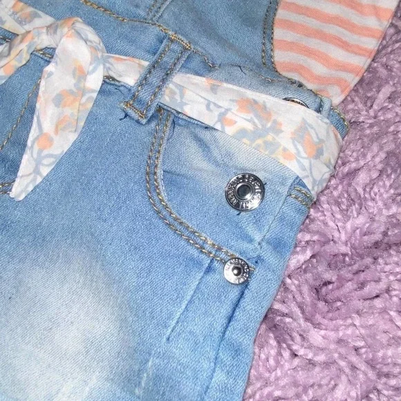 12m Seven for All Mankind Baby Girls Denim Overall Peach Stripe Shirt Outfit Set - Picture 5 of 11